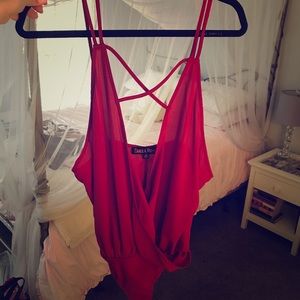 Red Strappy Cross Drape Front Bodysuit